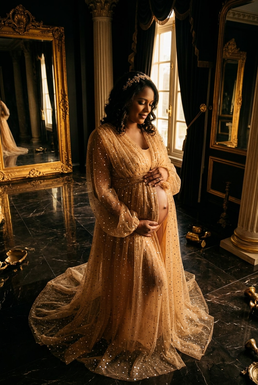 Retrato editorial de maternidad en un ambiente de lujo
