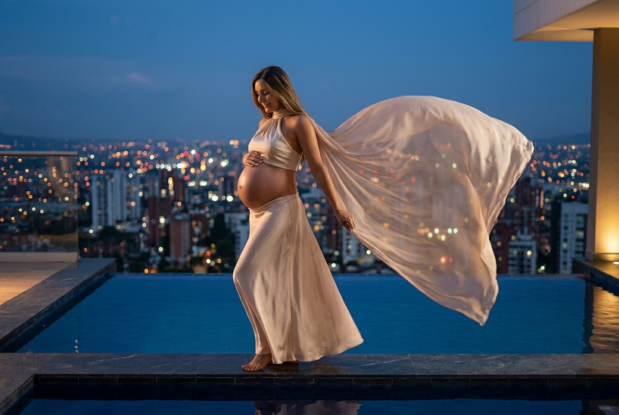 Retrato horizontal de maternidad junto a una piscina infinita al atardecer, generado con IA