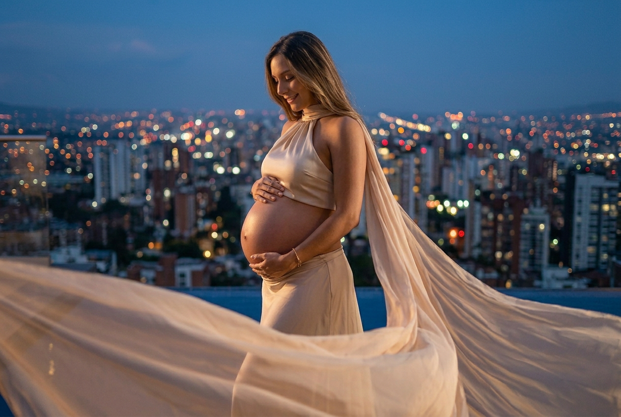 Plano medio de maternidad junto a una piscina infinita al atardecer, generado con IA