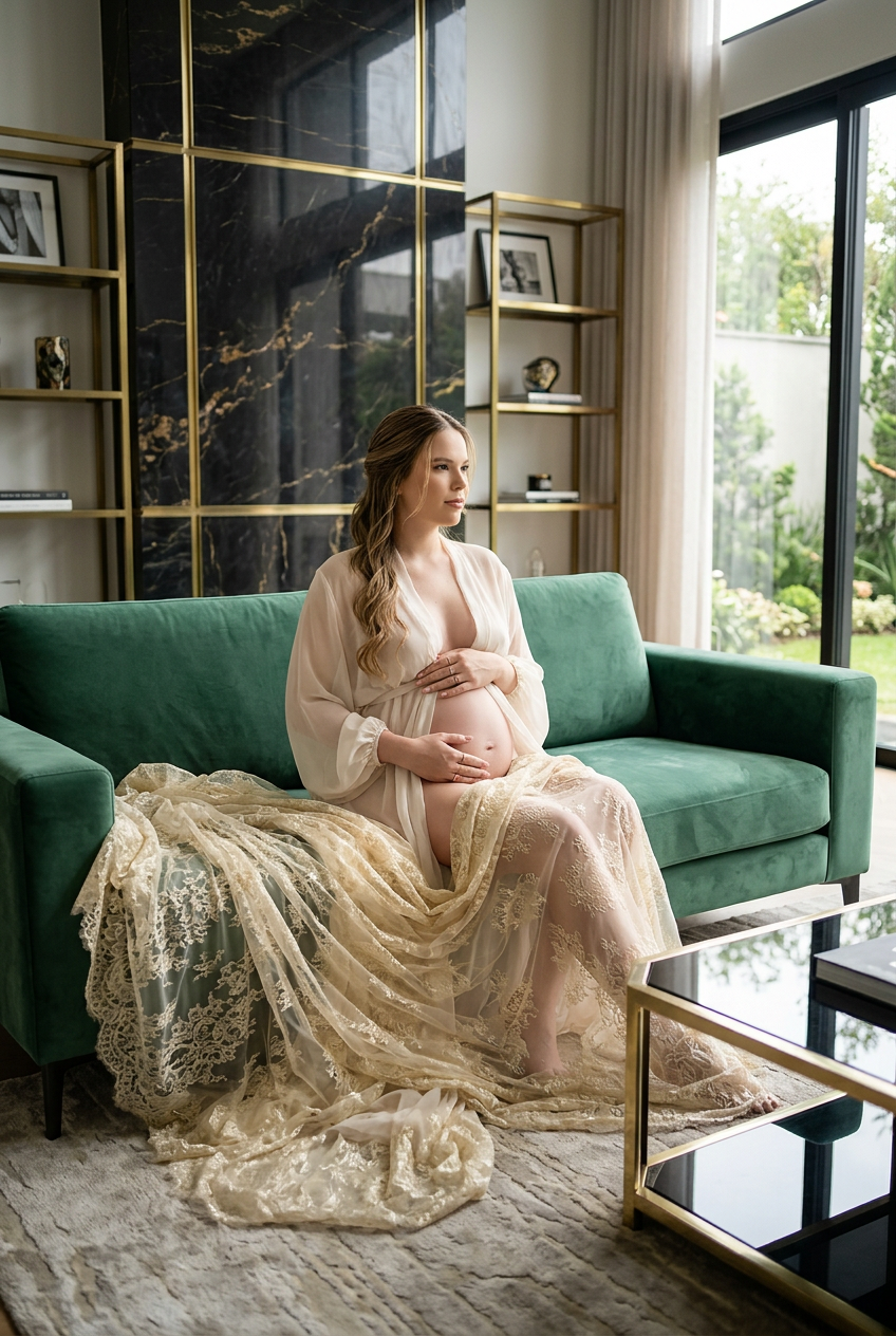 Retrato de maternidad con velo en una residencia moderna de lujo