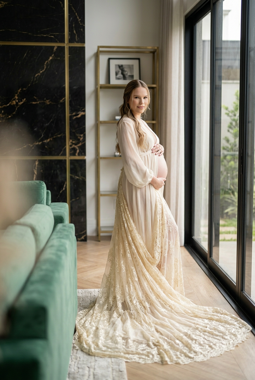 Retrato de maternidad con velo en una residencia moderna de lujo