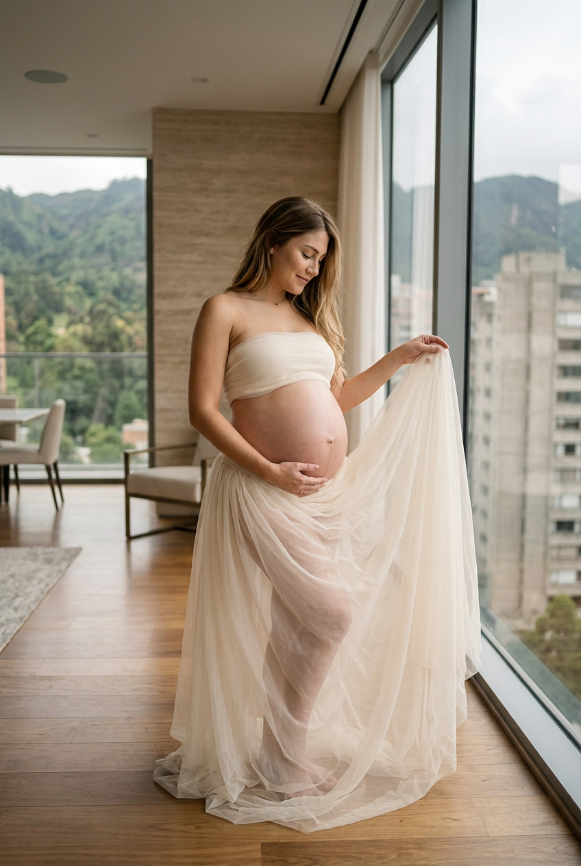 Retrato editorial de maternidad con velo marfil junto a una ventana de penthouse, generado con IA
