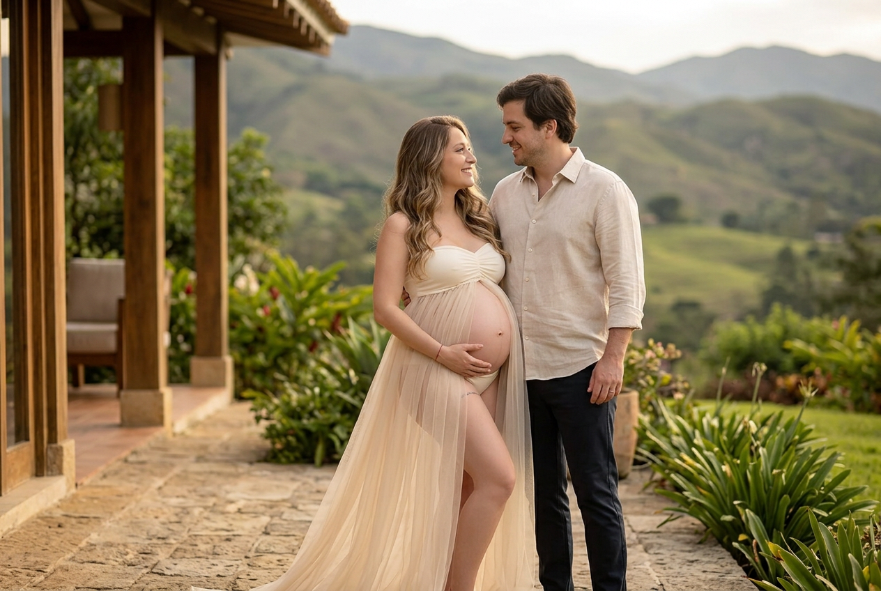 Retrato editorial de maternidad en pareja con velo en una terraza de finca colombiana, generado con IA